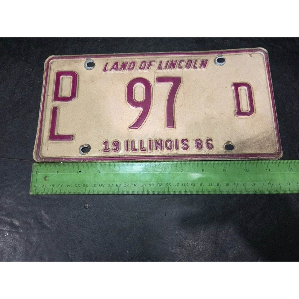 Illinois Vintage 1986 License Plate Land of Lincoln Purple Cream PL 97 D Retro